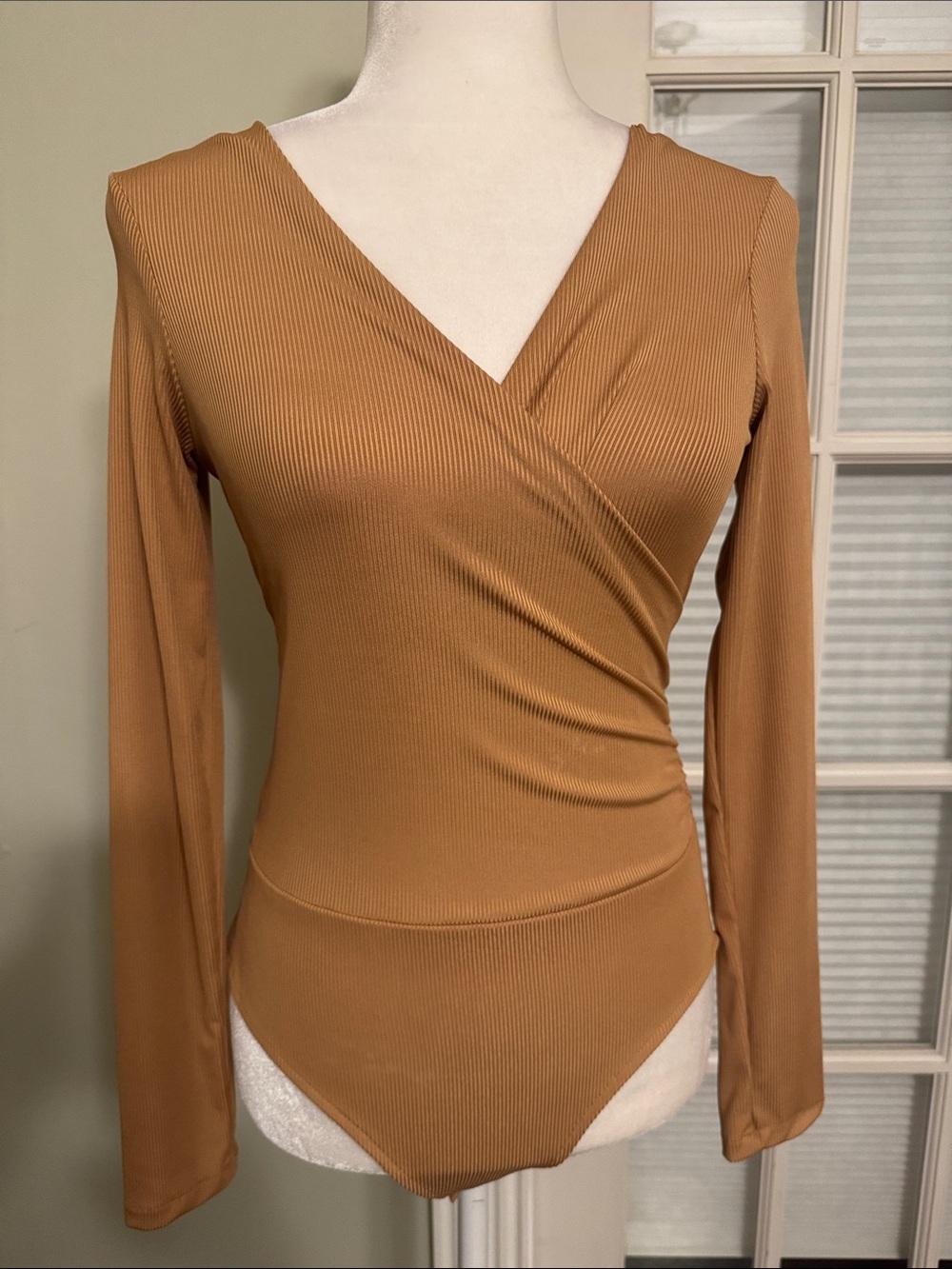 Long Sleeve Faux-Wrap Ribbed Bodysuit - Caramel